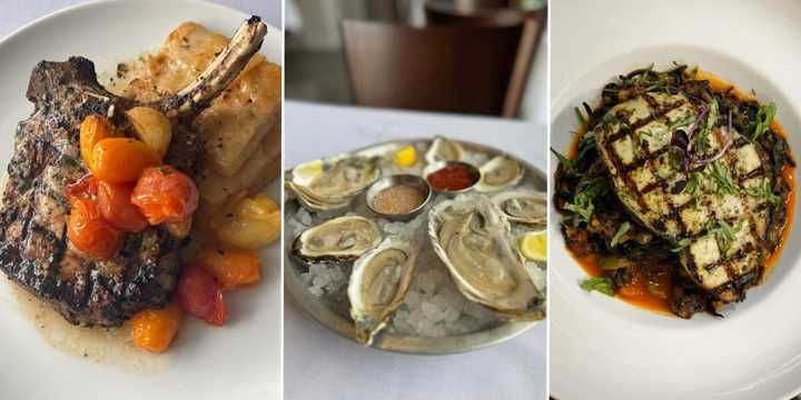 From left: Honey mustard marinated tomahawk pork chop, oyster plate, and grilled swordfish.