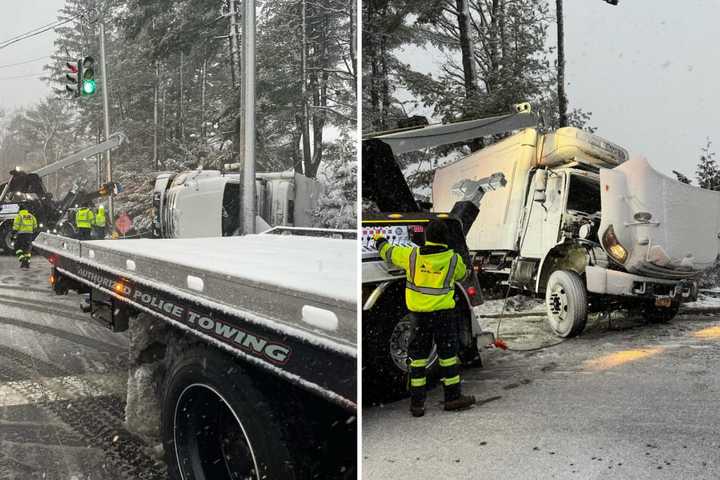 Truck Rolls Over At Busy Rye Intersection During Winter Storm