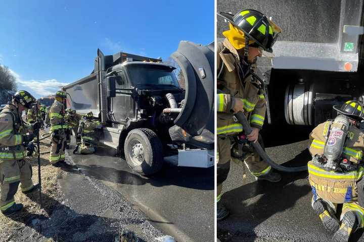 Fire Begins Underneath Dump Truck On I-684 In Bedford