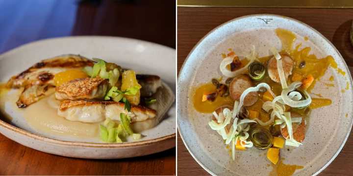 Wild striped bass (left) and pan seared scallops.&nbsp;