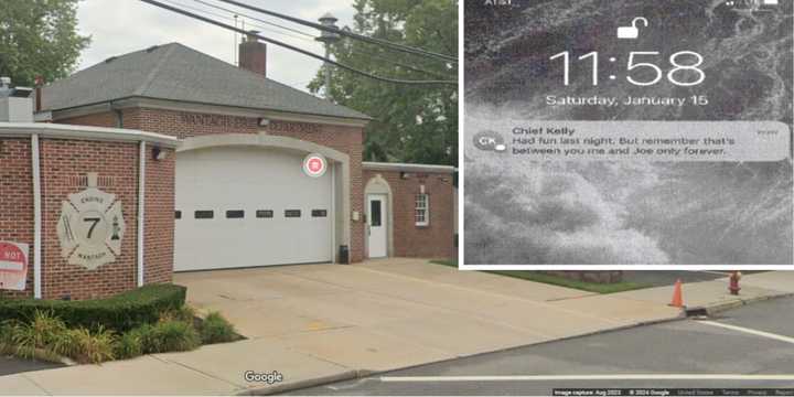 Wantagh Fire Department Station #4 on Alken Avenue in Seaford. Inset: Text message sent to&nbsp;Amanda Gross following the alleged assault.&nbsp;