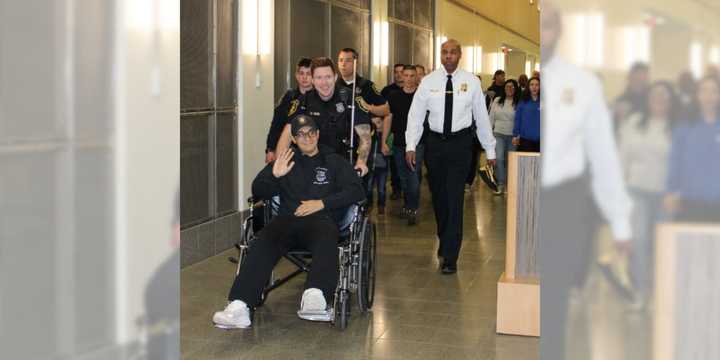 Albany Police officer Jonathan Damphier leaves Albany Medical Center Hospital on Wednesday, April 24, one week after being shot in the line of duty.&nbsp;