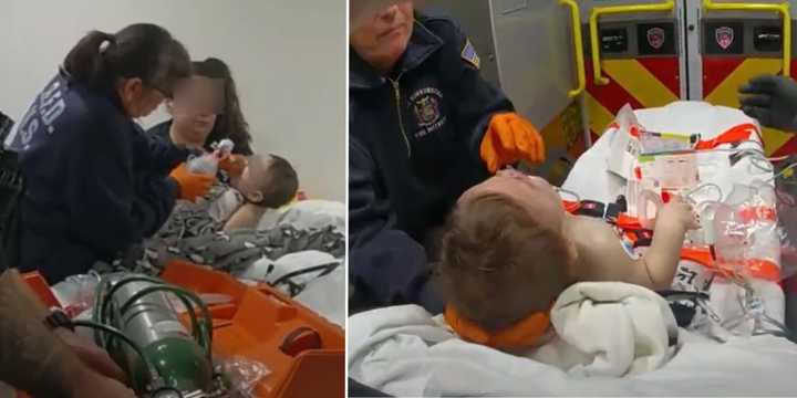 Medics attend to an 11-month-old boy after a suspected fentanyl poisoning at a Lake Grove residence on Jan. 13.&nbsp;