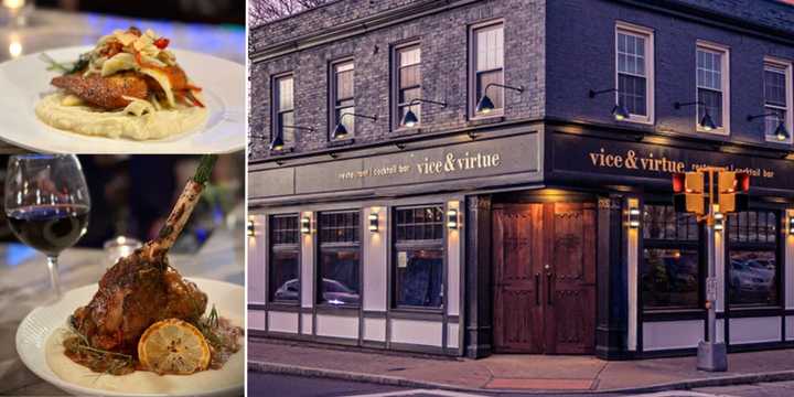 Vice &amp; Virtue in Schenectady held its grand opening in March 2024. Pictured are Wild Faroe Island Salmon (top) and Rosemary Braised Hind Shank of Lamb.