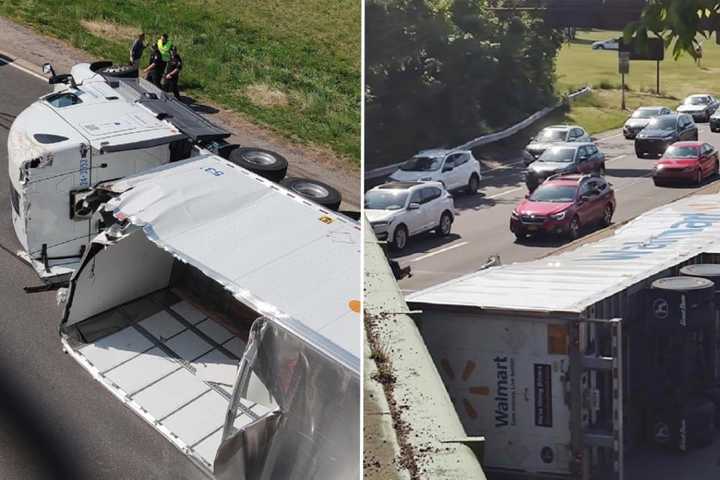 Tractor-Trailer Overturns On Meadowbrook State Parkway In Garden City After Bridge Strike