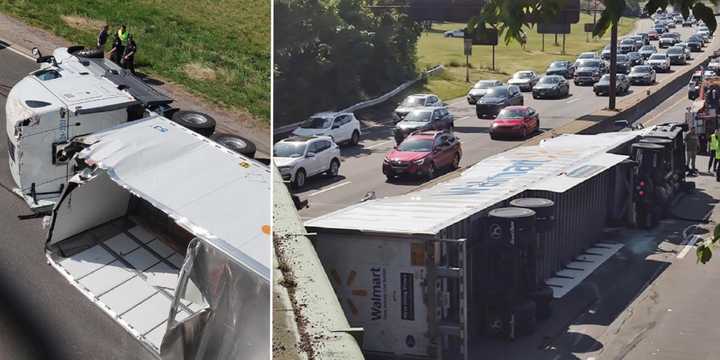 A tractor-trailer overturned on the Meadowbrook State Parkway in Garden City on Wednesday afternoon, May 8.