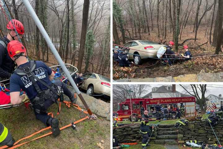 Driver Rescued After Losing Control Of Car, Crashing Down Slope In White Plains