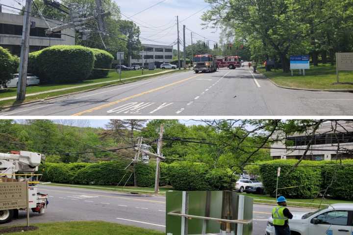 Fallen Telephone Pole, Low Wires Close Busy Road In Westchester