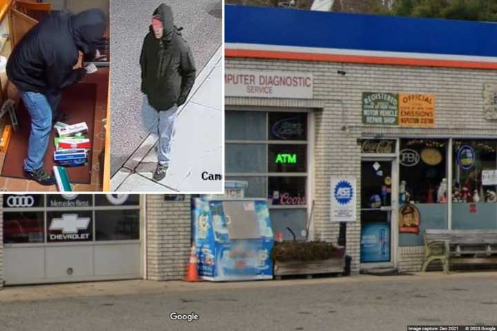 Suffolk County Police are asking for tips after a man was seen on surveillance video breaking into the Southdown Encore Station in Huntington, located on Wall Street, and stealing cash and cigarettes early March 13.