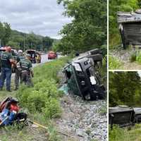 Truck Flips, Spills Landscaping Equipment On Ramp Between Route 35, I-684 In Katonah