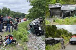 Truck Flips, Spills Landscaping Equipment On Ramp Between Route 35, I-684 In Katonah