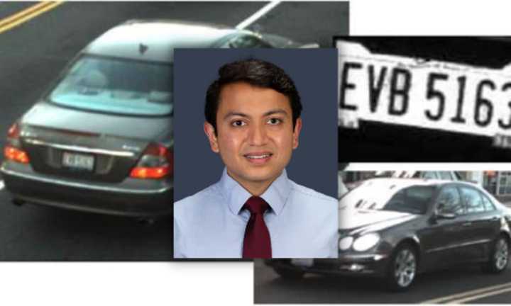 Dr. Rakesh Patel (center) and the suspected vehicle from the hit-and-run