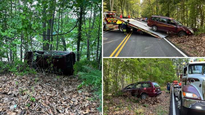 A crash in Somers in the area of Lake Road and Orchard Hill Road left a vehicle on its side in the woods.