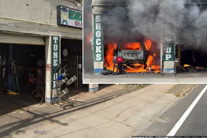 Car Fire Erupts At Auto Body Shop In Brentwood (Developing)