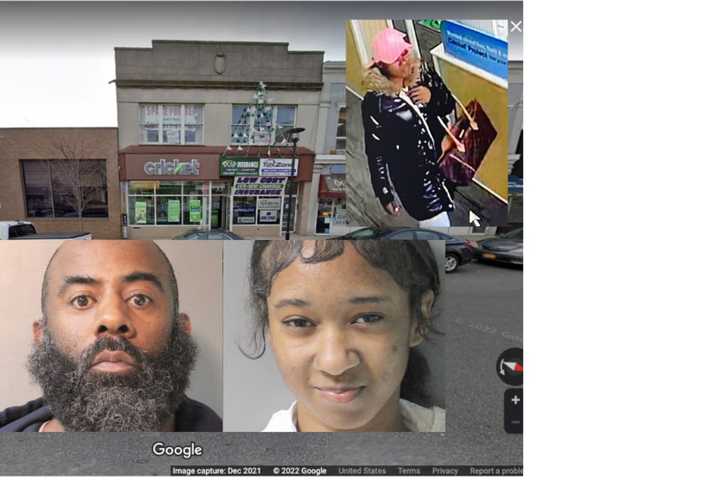 From left: Kamorie Edwards, Naire Johnson, and (top right) the wanted third suspect. Background: The cellphone store in Hempstead.