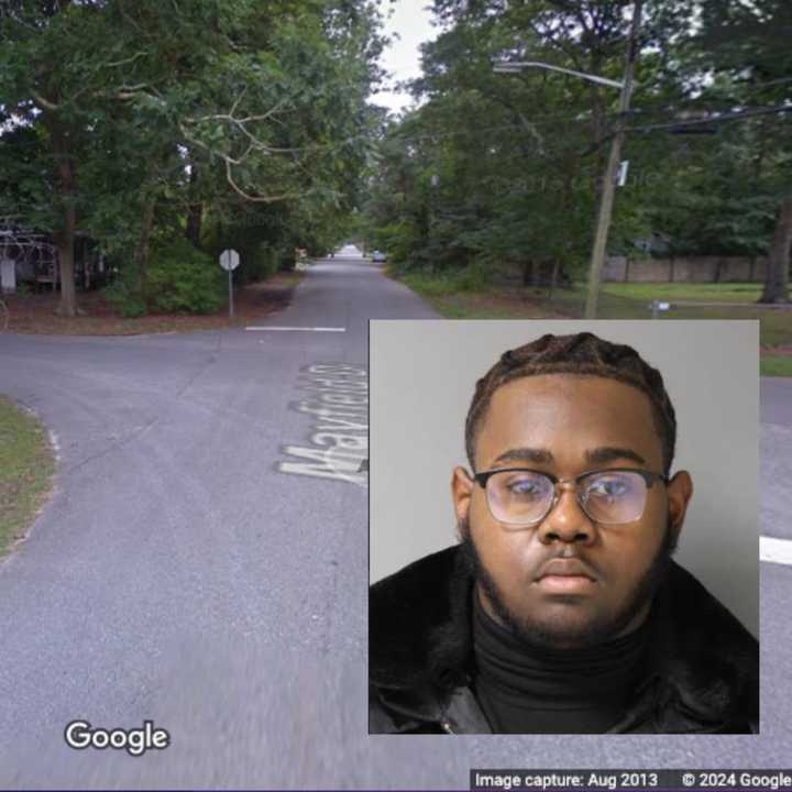 Mayfield Drive in Mastic Beach, and inset: suspect Davion Commodore, age 19.
  
