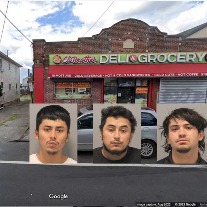 El Brother Deli &amp; Grocery in Inwood and the three suspects, from left: Jose Caravante, Carlos Adonay Reyes, and Jairo Reyes.