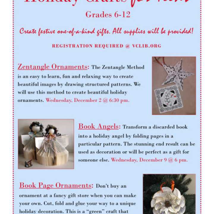 Valley Cottage Library is holding a series of holiday craft-making sessions on Wednesdays in December.