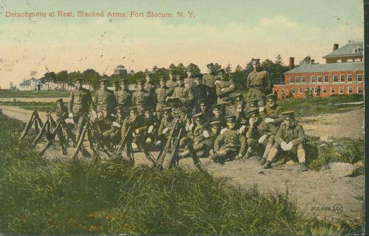 Photo of troops at Fort Slocum on Davids Island.