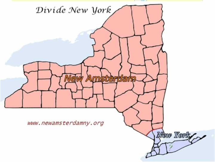 A map of what a divided New York state would look like under newamsterdamny.org&#x27;s secession plan. 