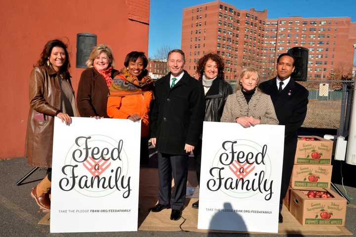 L to R: Cindy Carrasquilla, Stop &amp; Shop; Ellen Lynch,Food Bank for Westchester; State Senator Andrea Stewart-Cousins; Westchester County Executive Robert P. Astorino; Karen Brown and Becky McGovern; and Captain Giovanny Guerrero, Salvation Army.