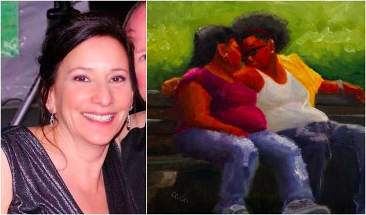 Gail G. Slockett, left, and one of her oil paintings.