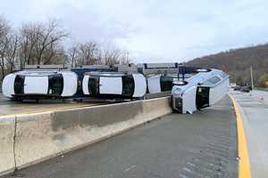 PHOTOS: Car Carrier Splits, Topples Across Route 287, Dump Truck Rolls On Opposite Side