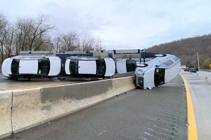 PHOTOS: Car Carrier Splits, Topples Across Route 287, Dump Truck Rolls On Opposite Side