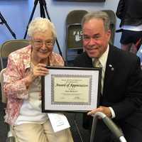 <p>Rose Blickstein, a veteran of World War II who participated in the D-Day invasion, is given a certificate of appreciation by Rockland County Executive Ed Day Monday. Blickstein, 95, is a resident of Nanuet.</p>