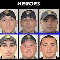 <p>Officers Stephen Hurtuk, Nicholas Spangenberg &amp; Jason Mitchell (top) / Officer Matthew Garzone, Detectives Matthew Ford &amp; Aniello Schaffer (bottom)</p>