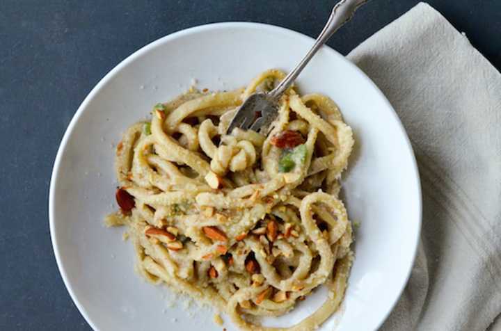 Bucatini with jalapeno and almond pesto at Amis Westport.