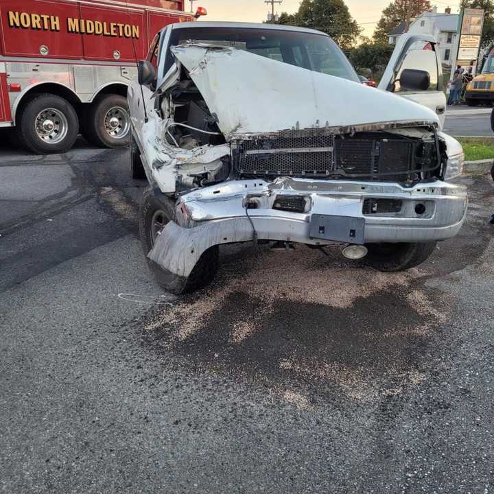 The white pickup involved in the crash with a school bus.&nbsp;