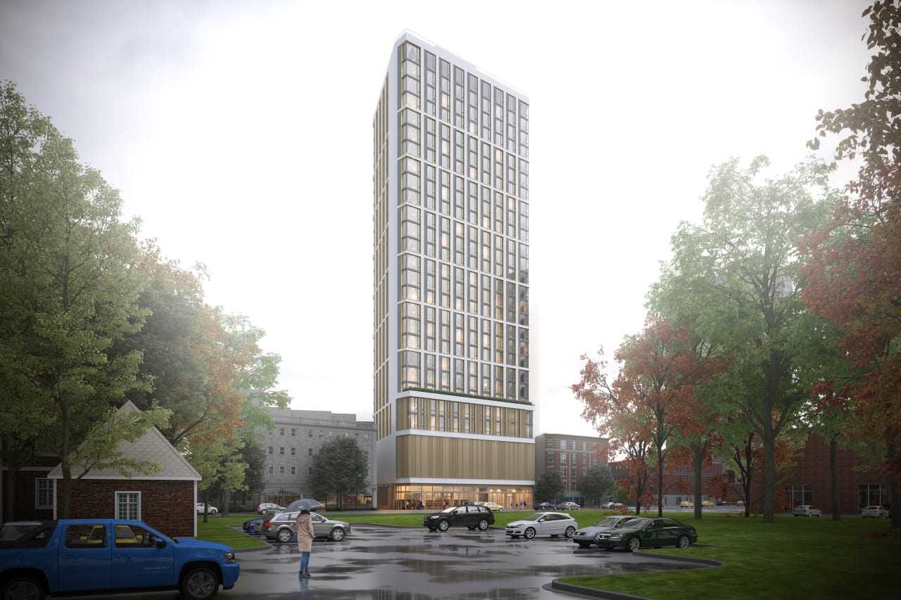 Work on the 27-story apartment tower in New Rochelle is nearing completion