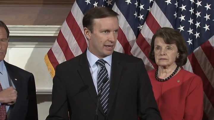 U.S. Sen. Chris Murphy (D-CT) speaks at a press conference after two gun control amendments fail in the Senate.