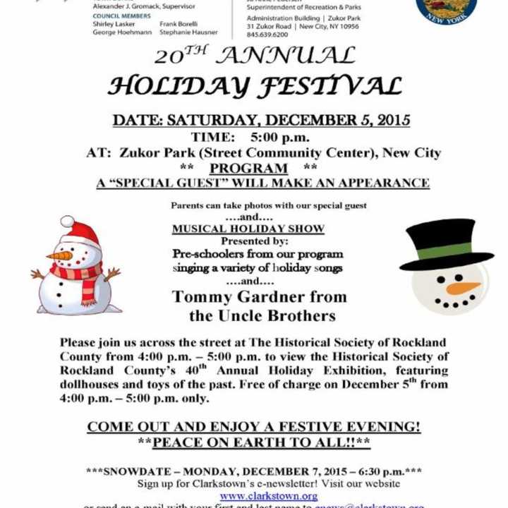 The 20th annual Clarkstown Holiday Festival is set for Saturday, Dec. 5.