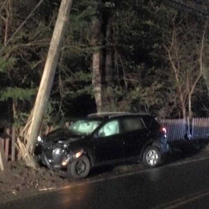 A car slammed into a utility pole on Daniels Farm Road near Hedgehog Road early Saturday.