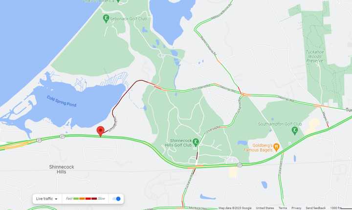 A 48-year-old woman is facing charges after allegedly driving erratically and striking two cars head on in Southampton, on County Road 39 near Shrubland Road (shown by the red pin), on Friday afternoon, Feb. 17.