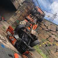 <p>The truck hit the roadway nose-first.</p>