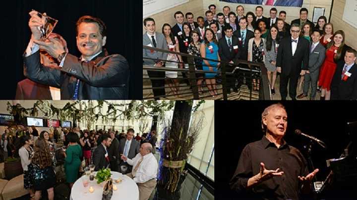 From top left, clockwise: Honoree Anthony Scaramucci gets the 2016 Discovery Award; President Dr. John Petillo with scholarship students; pianist Bruce Hornsby performs; and guests gather at Sacred Heart University in Fairfield.