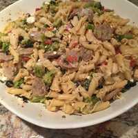 <p>Pasta with chicken, sausage, broccoli and feta.</p>