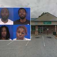 <p>(Clockwise from top right) Cedric Fonta Moore, Silas Moliek Moore, Donise Sarah Blacknell, Jamel Anthony Brown targeted the M&amp;T Bank location at 10090 Southern Maryland Blvd. in Dunkirk.</p>