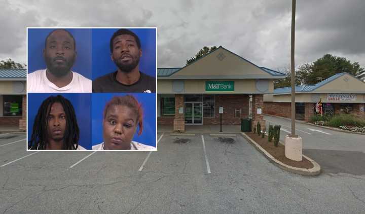 (Clockwise from top right) Cedric Fonta Moore, Silas Moliek Moore, Donise Sarah Blacknell, Jamel Anthony Brown targeted the M&amp;T Bank location at 10090 Southern Maryland Blvd. in Dunkirk.