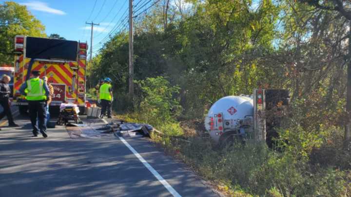 Overturned propane truck near Ferry Road and Old Iron Hill Road in Doylestown on Monday, Oct. 16.