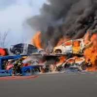 <p>Route 80 car carrier fire</p>