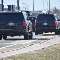 <p>Harris leaves Newark Airport in Secret Service vehicles.</p>