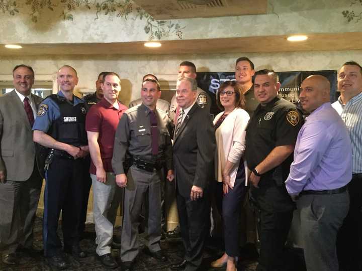 Rockland Sheriff Louis Falco, Rockland County Executive Ed Day, STOP-DWI Coordinator Leslie Berger with award winners.