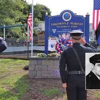 <p>Lyndhurst Police Chief Rich Jarvis (left), Deputy Chief Patrick Devlin, Officer Thomas Albino (inset)</p>