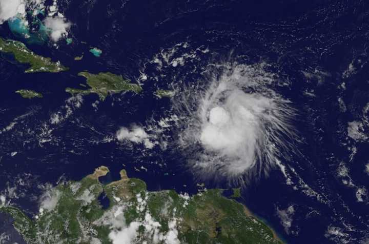 A radar image of Tropical Storm Erika as it treks Northwest toward the U.S.