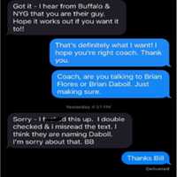 <p>Brian Flores and an excerpt from the Belichick text exchange.</p>