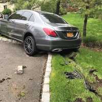 <p>The Mercedes crashed on Glenwood Avenue in Leonia and  both occupants hopped out, police said.</p>